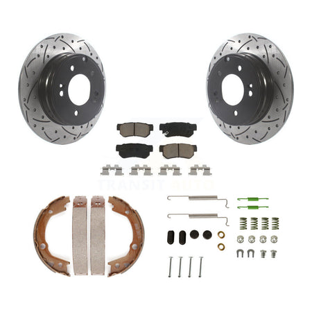Rear Disc Drilled & Slotted Rotors Ceramic Pads Parking Brake Shoes And Hardware Kit For KDC-101588