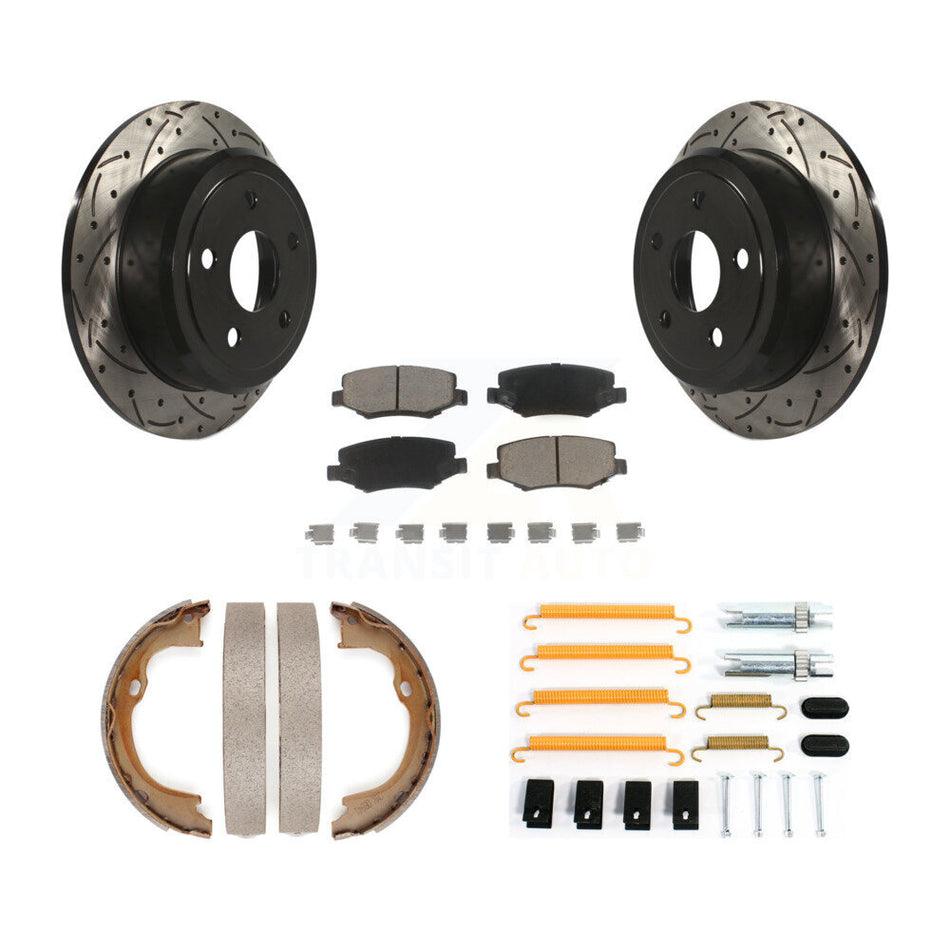Rear Disc Drilled & Slotted Rotors Ceramic Pads Parking Shoes Hardware Kit For Jeep JK KDC-101590