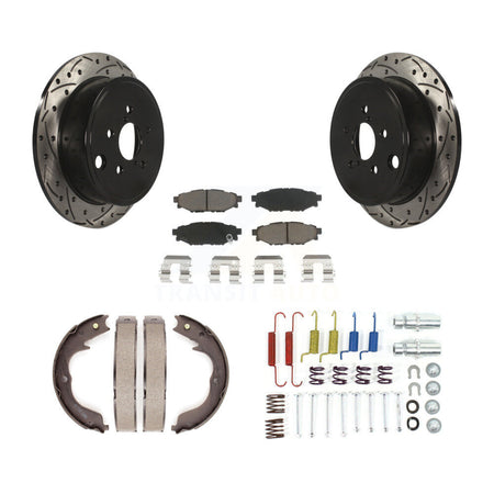 Rear Disc Drilled & Slotted Rotors Ceramic Pads Parking Shoes And Hardware Kit For Subaru KDC-101591