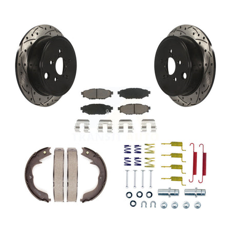 Rear Disc Drilled & Slotted Rotors Ceramic Pads Parking Shoes And Hardware Kit For Subaru KDC-101594