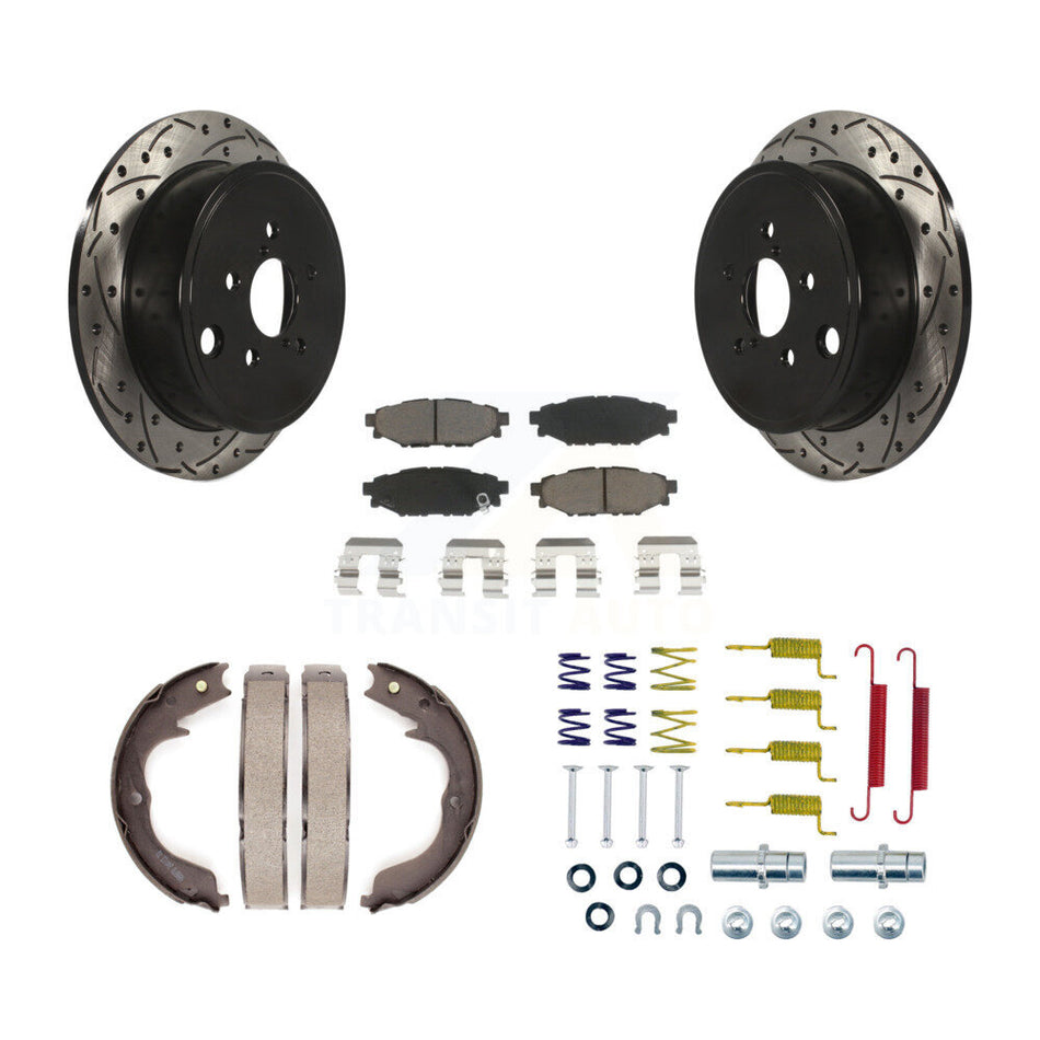 Rear Disc Drilled & Slotted Rotors Ceramic Pads Parking Shoes And Hardware Kit For Subaru KDC-101594