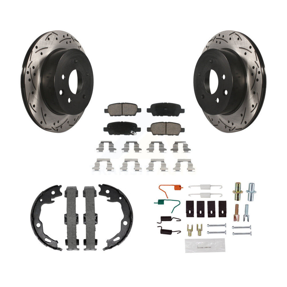 Rear Disc Drilled & Slotted Rotors Ceramic Pads Parking Brake Shoes And Hardware Kit For KDC-101596