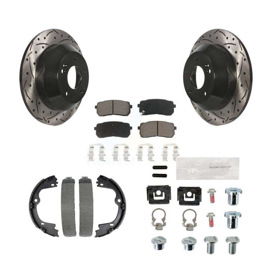 Rear Disc Drilled & Slotted Rotors Ceramic Pads Parking Shoes Hardware Kit For Kia Sedona KDC-101597