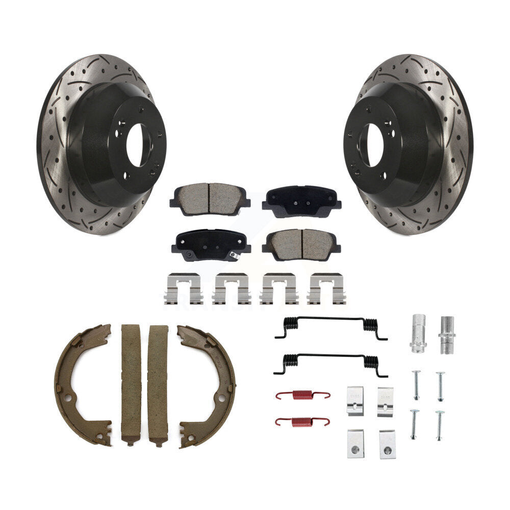 Rear Disc Drilled & Slotted Rotors Ceramic Pads Parking Shoes Hardware Kit For Hyundai Fe KDC-101598