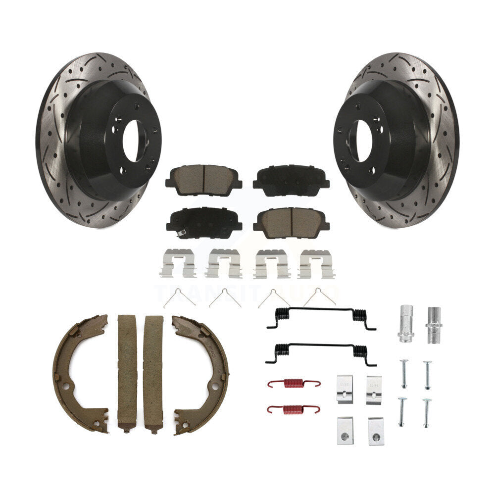 Rear Disc Drilled & Slotted Rotors Ceramic Pads Parking Brake Shoes And Hardware Kit For KDC-101599