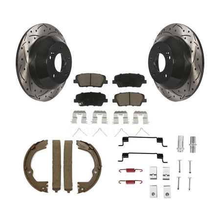 Rear Disc Drilled & Slotted Rotors Ceramic Pads Parking Brake Shoes And Hardware Kit For KDC-101599