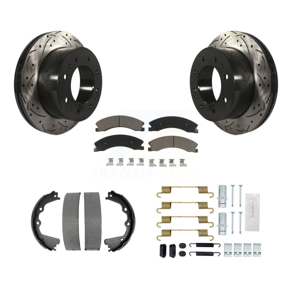 Rear Disc Drilled & Slotted Rotors Ceramic Pads Parking Shoes Hardware Kit For GMC Sierra KDC-101605
