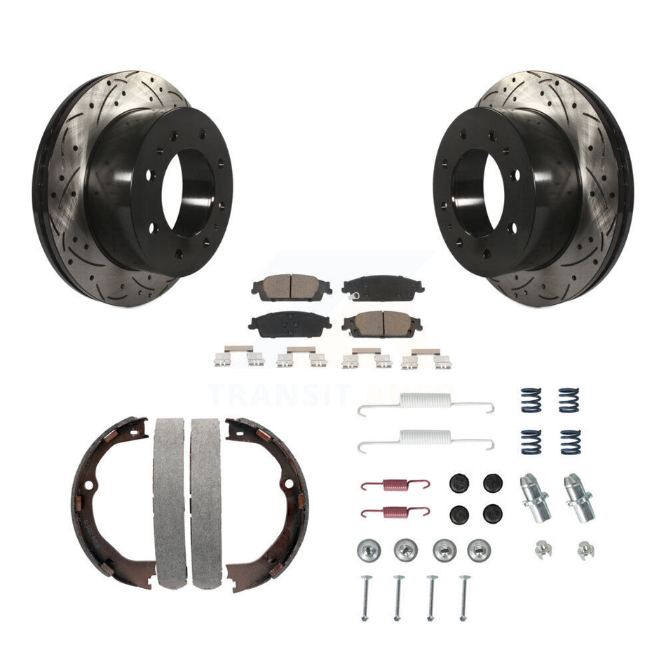 Rear Disc Drilled & Slotted Rotors Ceramic Pads Parking Brake Shoes And Hardware Kit For KDC-101607