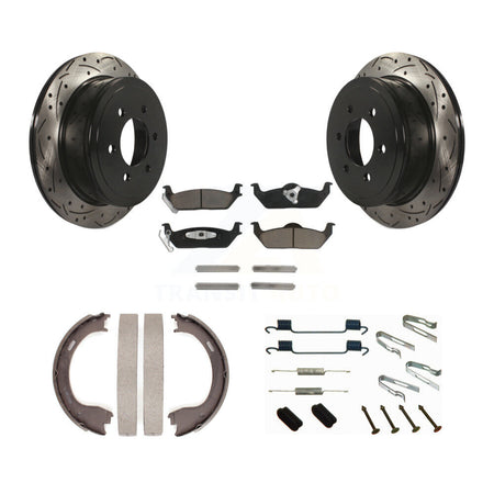 Rear Disc Drilled & Slotted Rotors Ceramic Pads Parking Shoes Hardware Kit For Ford F-150 KDC-101610