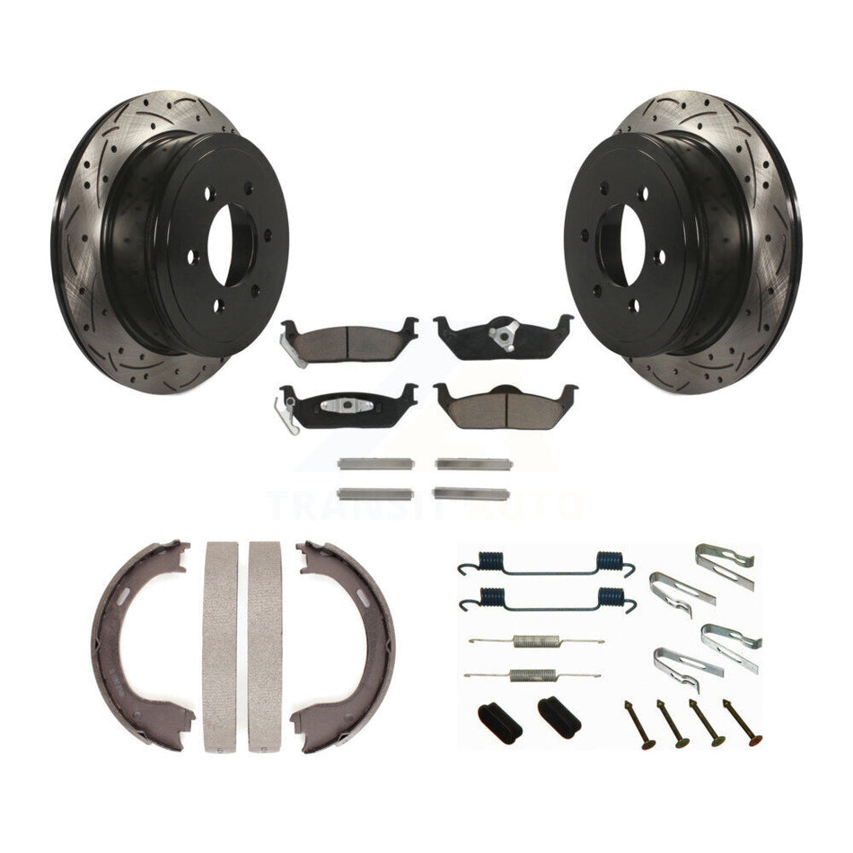 Rear Disc Drilled & Slotted Rotors Ceramic Pads Parking Shoes Hardware Kit For Ford F-150 KDC-101610
