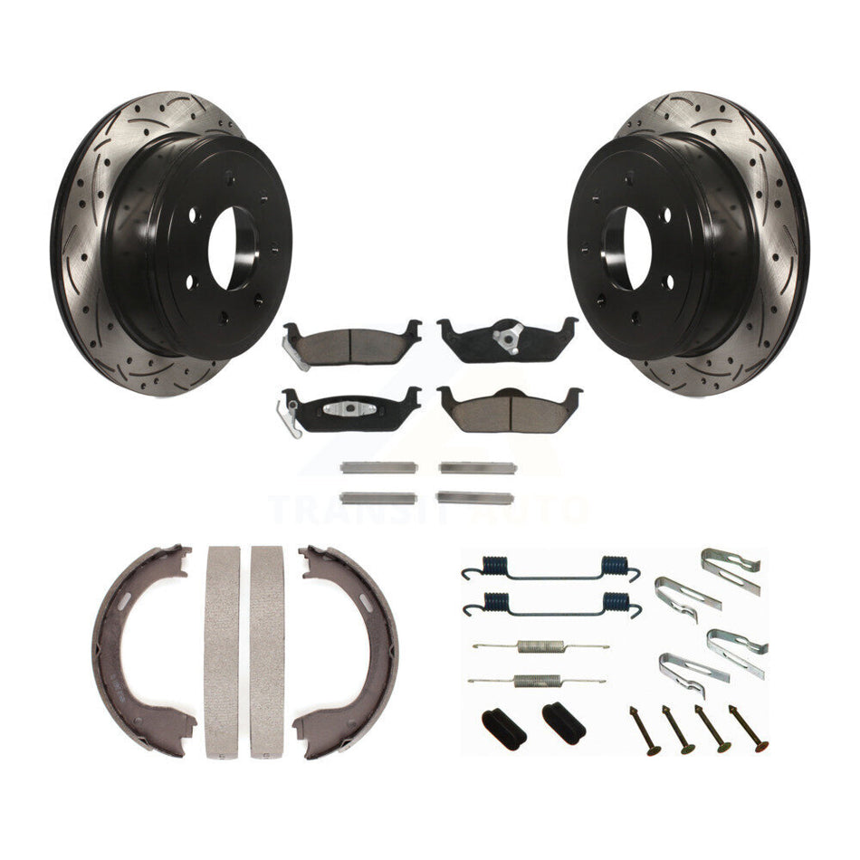Rear Disc Drilled & Slotted Rotors Ceramic Pads Parking Shoes Hardware Kit For Ford F-150 KDC-101611