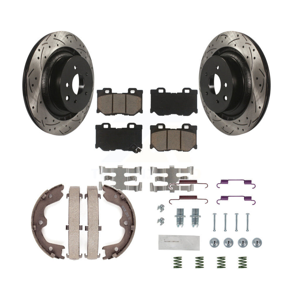 Rear Disc Drilled & Slotted Rotors Ceramic Pads Parking Shoes Hardware Kit For INFINITI KDC-101612