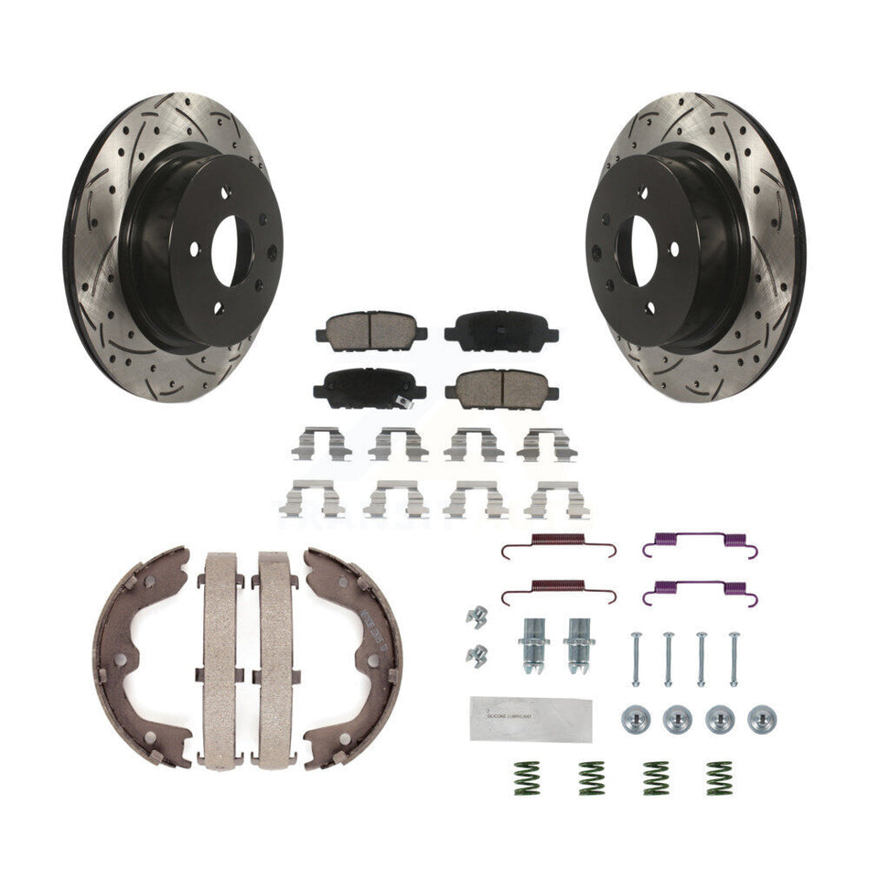 Rear Disc Drilled & Slotted Rotors Ceramic Pads Parking Shoes Hardware Kit For INFINITI KDC-101613