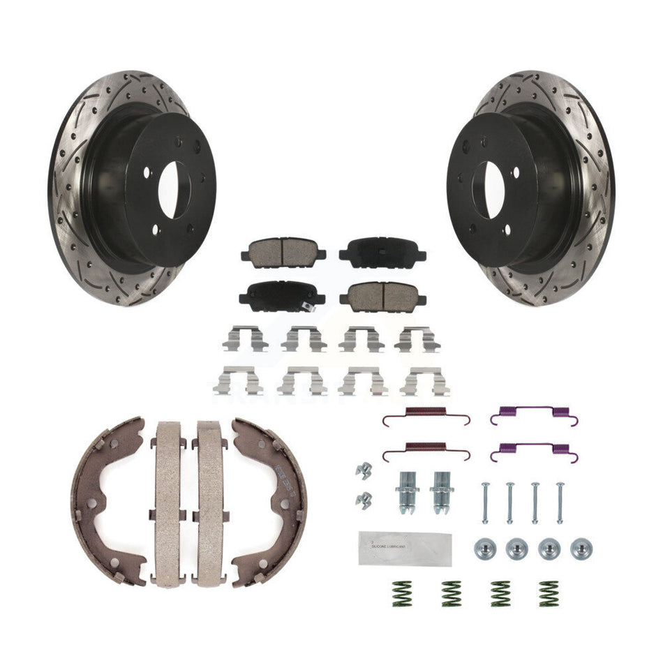 Rear Disc Drilled & Slotted Rotors Ceramic Pads Parking Shoes And Hardware Kit For Nissan KDC-101616