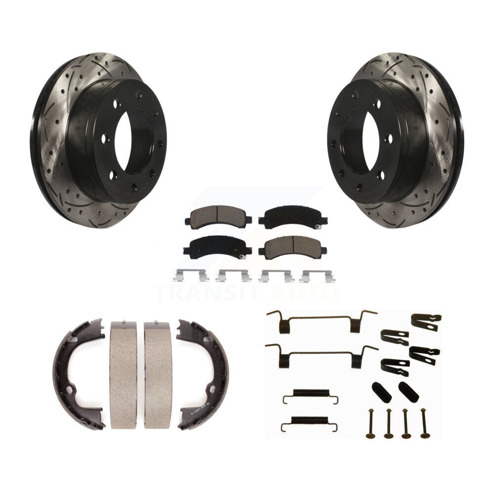 Rear Disc Drilled & Slotted Rotors Ceramic Pads Parking Shoes Hardware Kit For Chevrolet KDC-101627