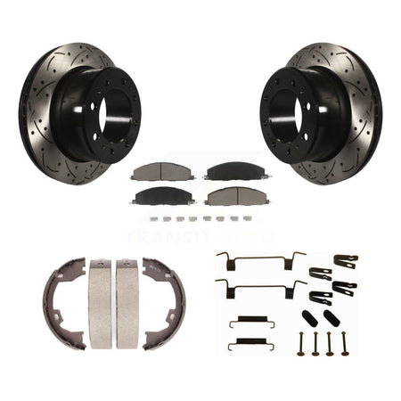 Rear Disc Drilled & Slotted Rotors Ceramic Pads Parking Shoes Hardware Kit For Ram 3500 KDC-101628