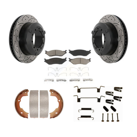 Rear Disc Drilled & Slotted Rotors Ceramic Pads Parking Brake Shoes And Hardware Kit For KDC-101631