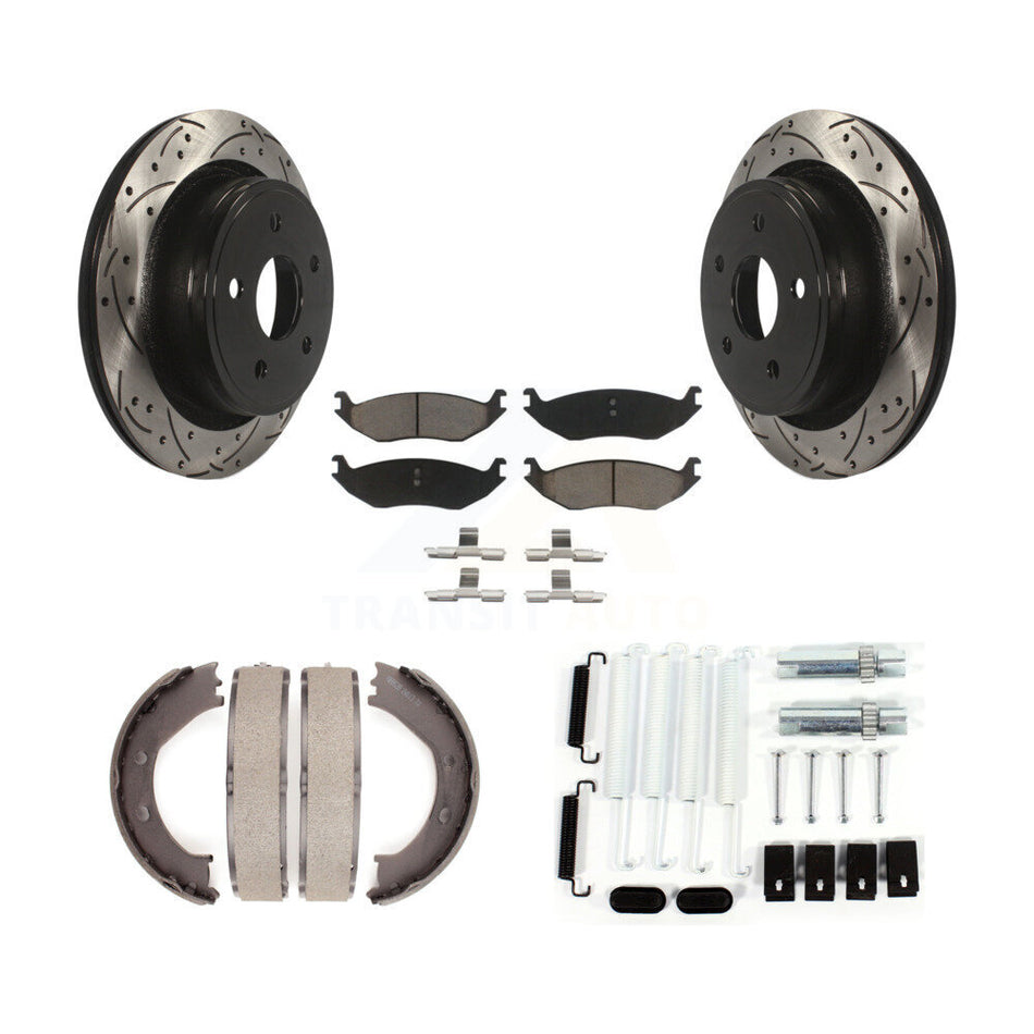 Rear Disc Drilled & Slotted Rotors Ceramic Pads Parking Shoes Hardware Kit For Dodge Ram KDC-101633