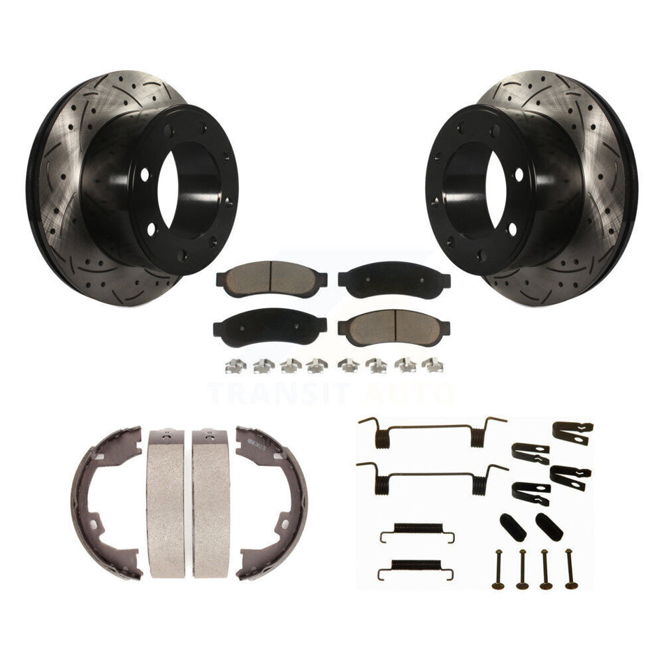 Rear Disc Drilled & Slotted Rotors Ceramic Pads Parking Shoes Hardware Kit For Ford F-250 KDC-101634