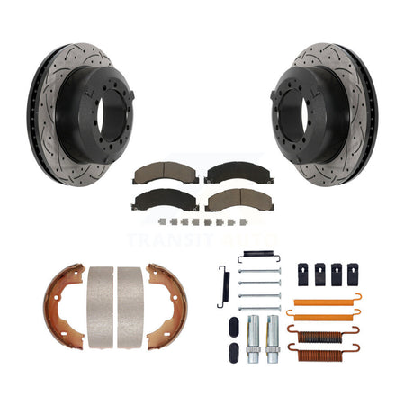 Rear Disc Drilled & Slotted Rotors Ceramic Pads Parking Shoes Hardware Kit For Ram Dodge KDC-101635