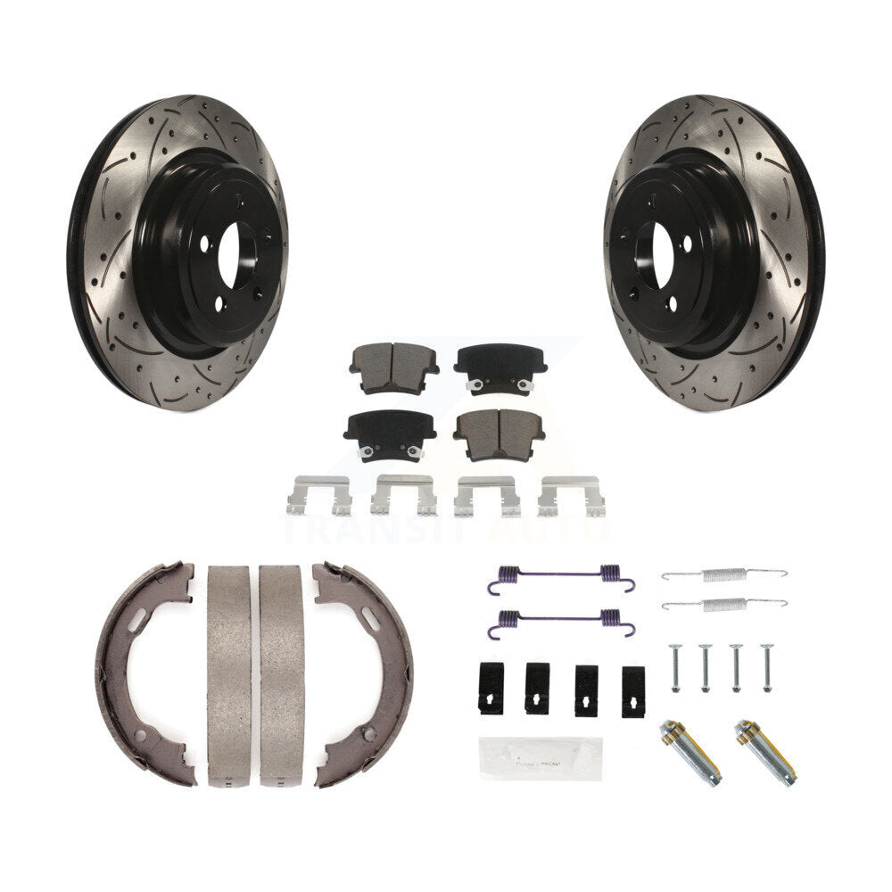 Rear Disc Drilled & Slotted Rotors Ceramic Pads Parking Shoes And Hardware Kit For Dodge KDC-101639