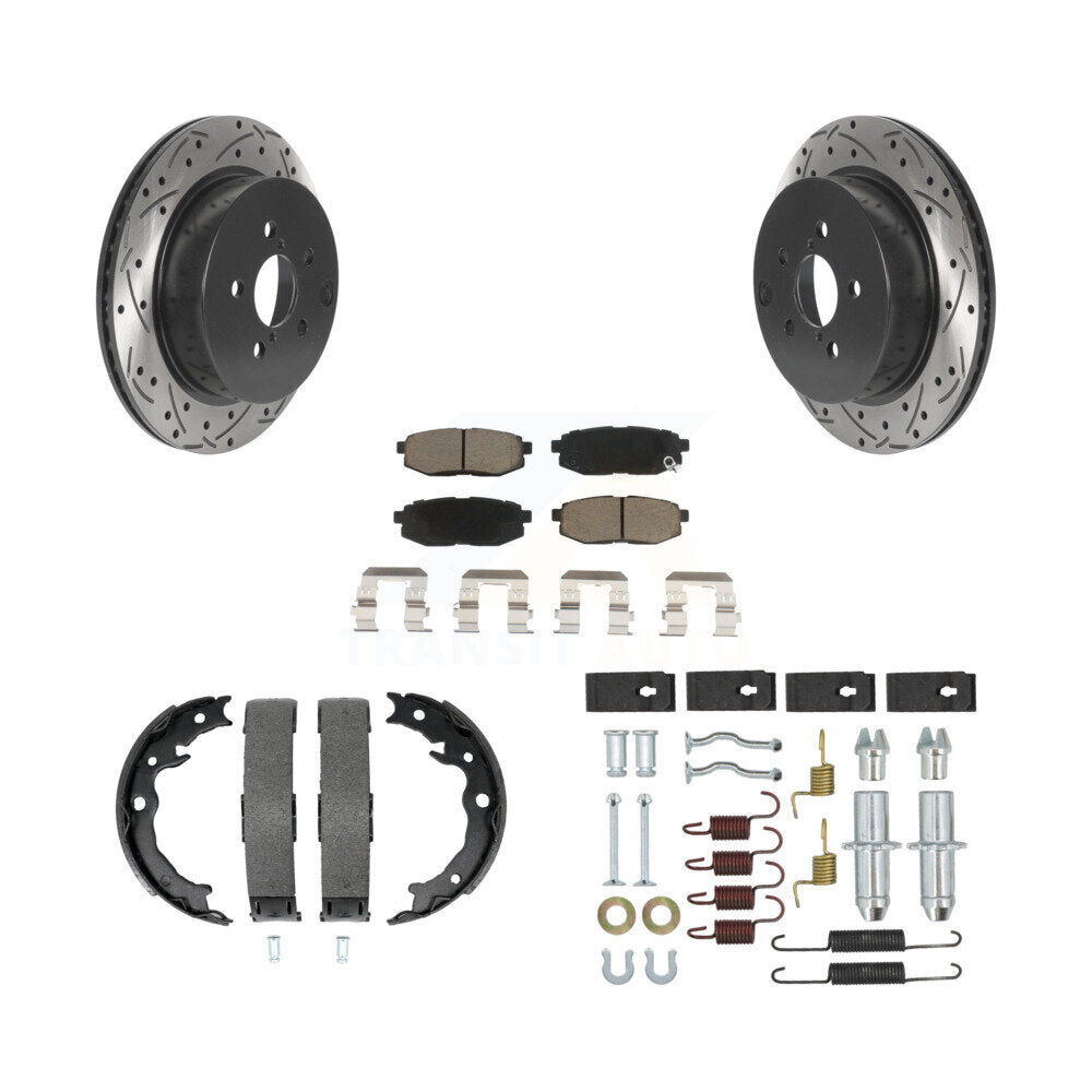 Rear Disc Drilled & Slotted Rotors Ceramic Pads Parking Brake Shoes And Hardware Kit For KDC-101643