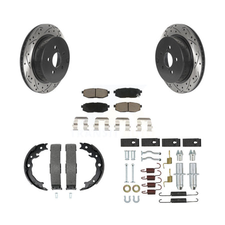 Rear Disc Drilled & Slotted Rotors Ceramic Pads Parking Brake Shoes And Hardware Kit For KDC-101643