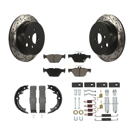 Rear Disc Drilled & Slotted Rotors Ceramic Pads Parking Brake Shoes And Hardware Kit For KDC-101644