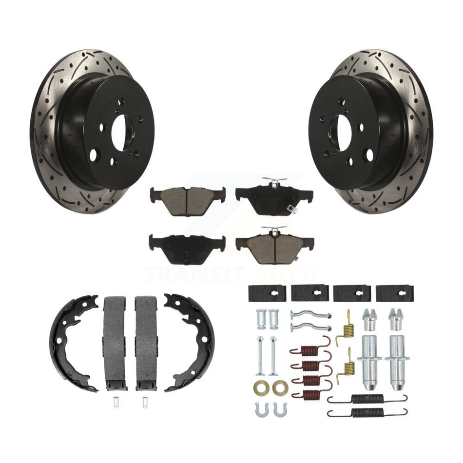 Rear Disc Drilled & Slotted Rotors Ceramic Pads Parking Brake Shoes And Hardware Kit For KDC-101644