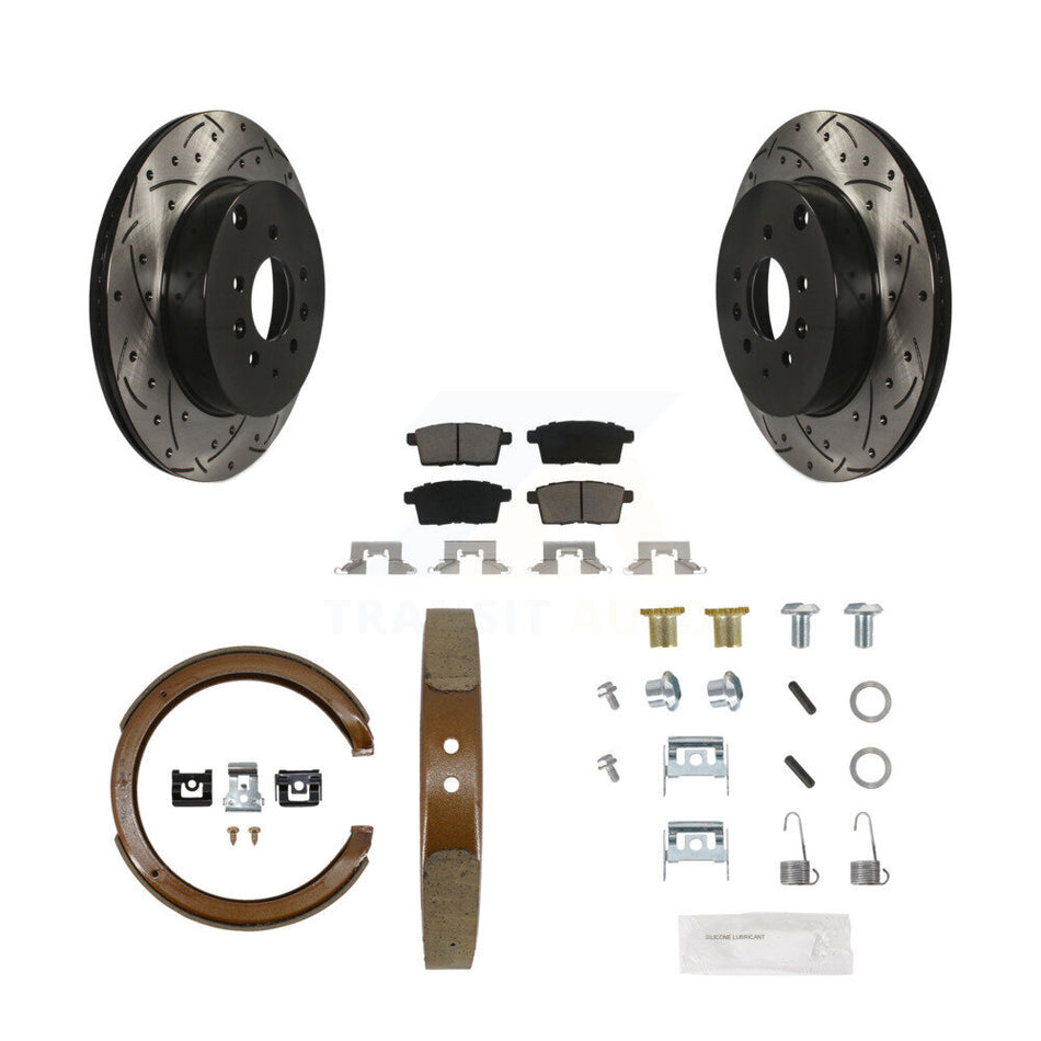 Rear Disc Drilled & Slotted Rotors Ceramic Pads Parking Shoes Hardware Kit For Mazda CX-9 KDC-101647