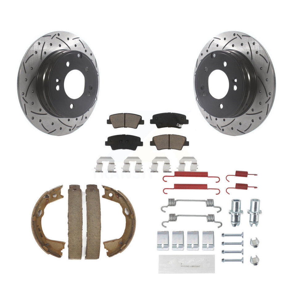 Rear Disc Drilled & Slotted Rotors Ceramic Pads Parking Shoes Hardware Kit For Hyundai KDC-101648