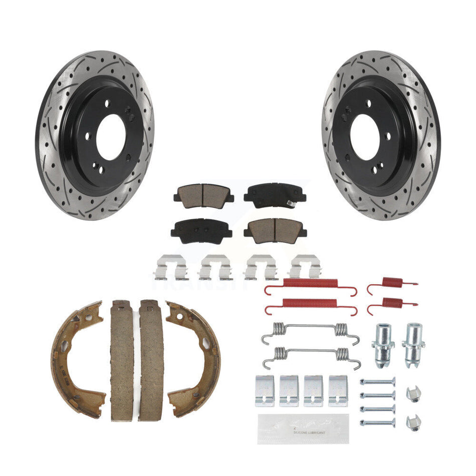 Rear Disc Drilled & Slotted Rotors Ceramic Pads Parking Shoes Hardware Kit For Hyundai KDC-101649
