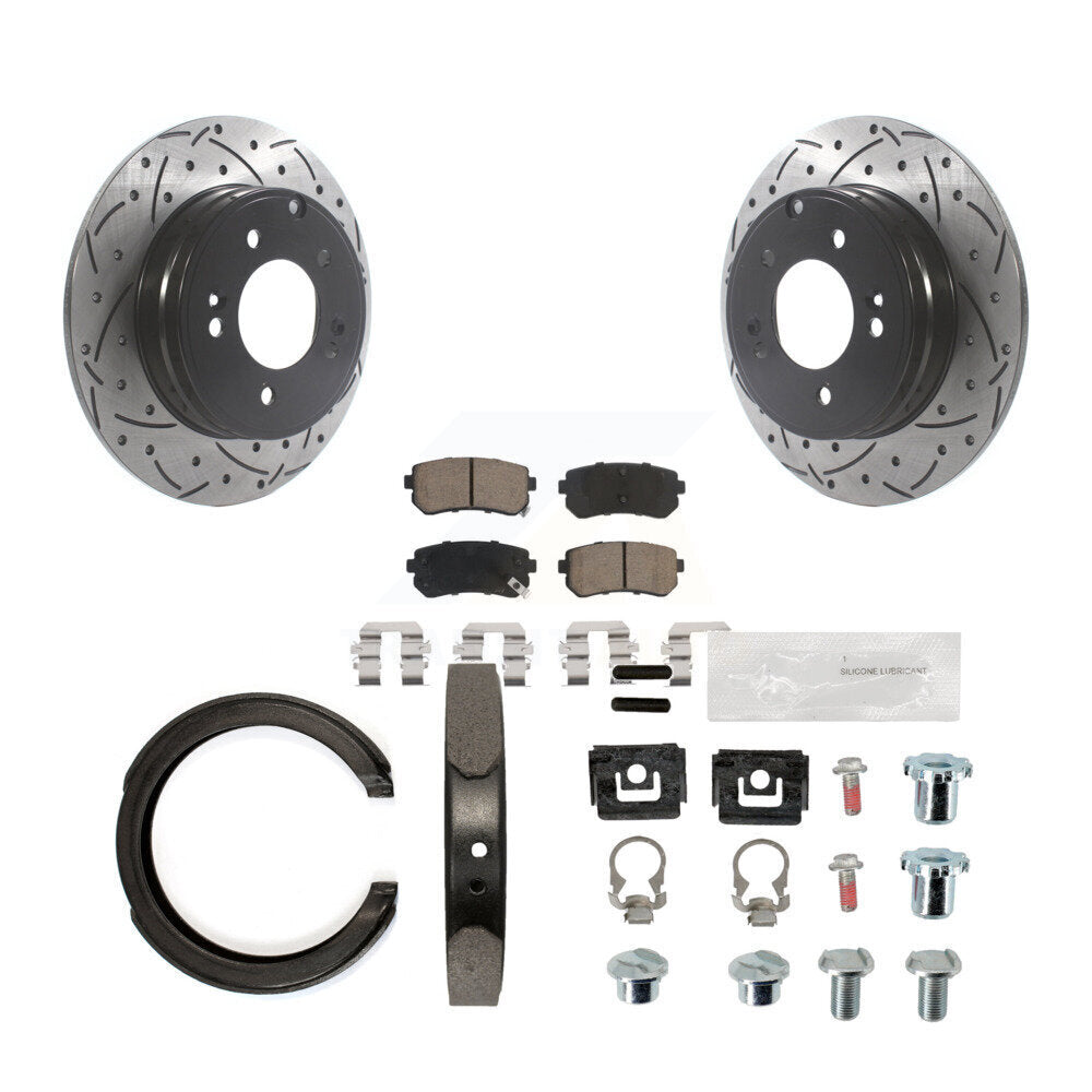 Rear Disc Drilled & Slotted Rotors Ceramic Pads Parking Shoes Hardware Kit For Kia Optima KDC-101650