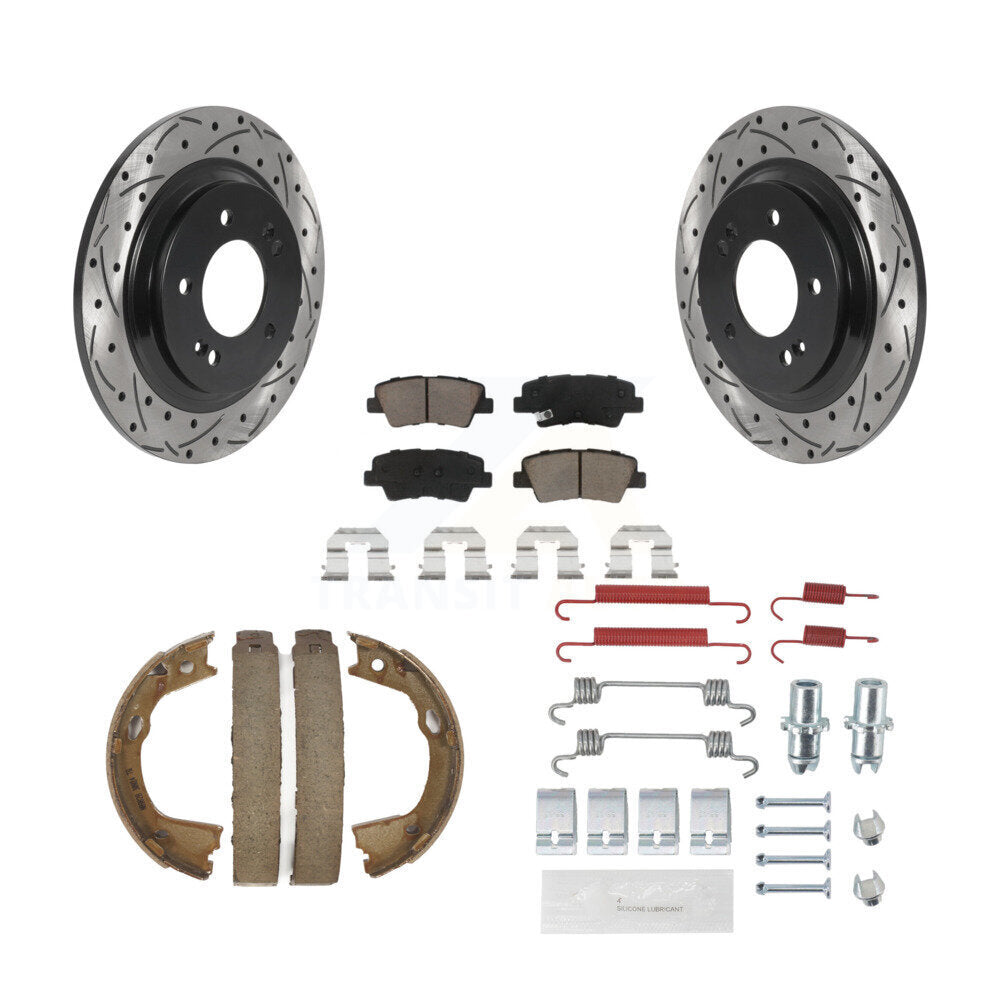 Rear Disc Drilled & Slotted Rotors Ceramic Pads Parking Shoes Hardware Kit For Kia Optima KDC-101653
