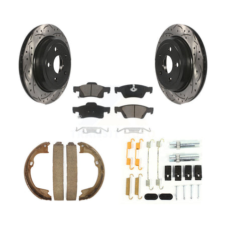 Rear Disc Drilled & Slotted Rotors Ceramic Pads Parking Shoes Hardware Kit For Jeep Grand KDC-101656