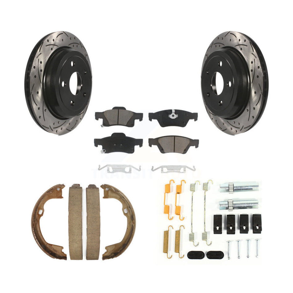Rear Disc Drilled & Slotted Rotors Ceramic Pads Parking Shoes Hardware Kit For Jeep Grand KDC-101656