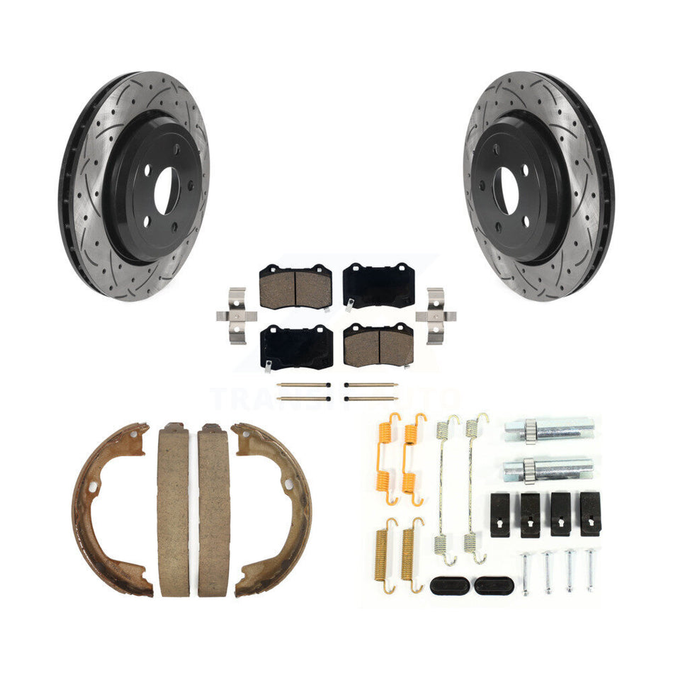 Rear Disc Drilled & Slotted Rotors Ceramic Pads Parking Shoes Hardware Kit For Jeep Grand KDC-101658
