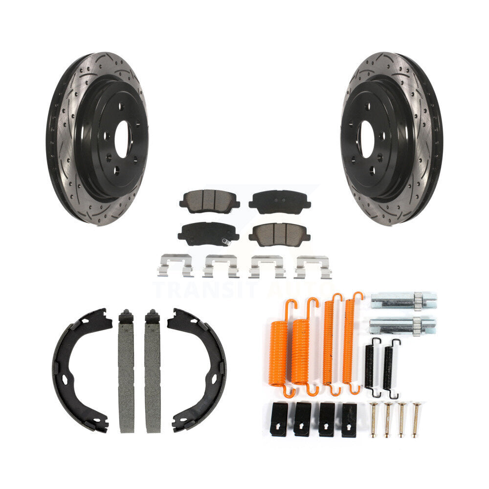 Rear Disc Drilled & Slotted Rotors Ceramic Pads Parking Brake Shoes And Hardware Kit For KDC-101902