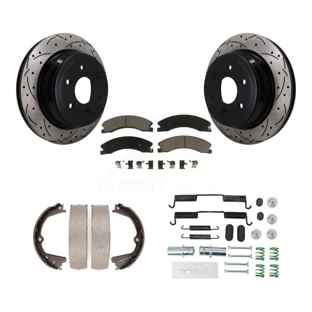 Rear Disc Drilled & Slotted Rotors Ceramic Pads Parking Brake Shoes And Hardware Kit For KDC-101903