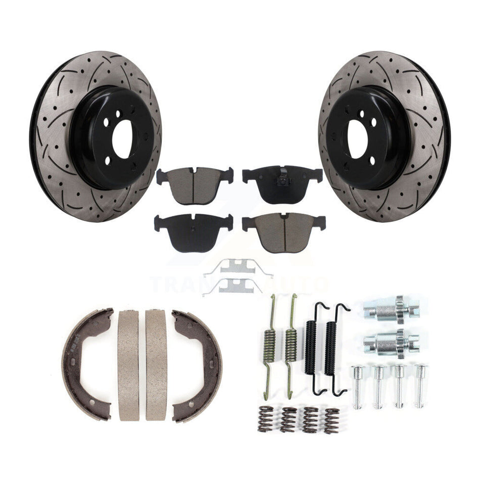 Rear Disc Drilled & Slotted Rotors Ceramic Pads Parking Shoes Hardware Kit For BMW 535i 7 KDC-101904