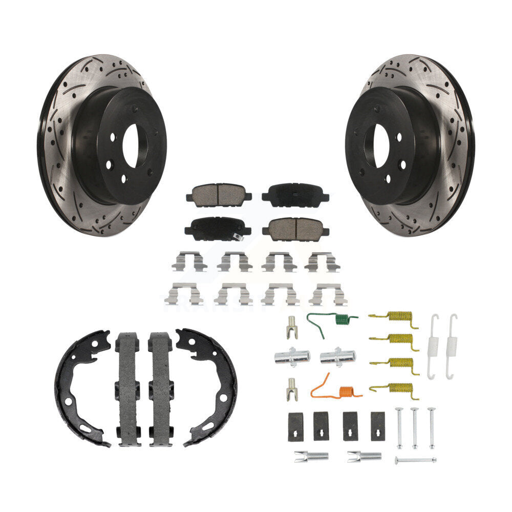 Rear Disc Drilled & Slotted Rotors Ceramic Pads Parking Brake Shoes And Hardware Kit For KDC-101909