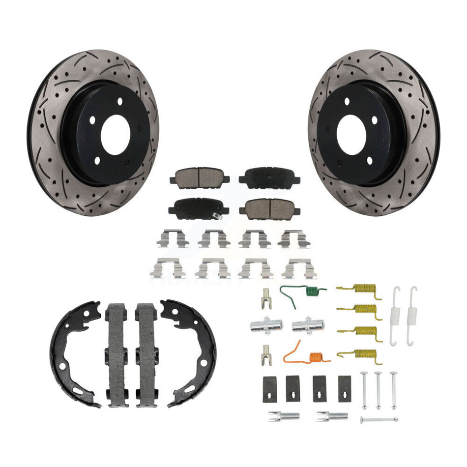 Rear Disc Drilled & Slotted Rotors Ceramic Pads Parking Brake Shoes And Hardware Kit For KDC-101910
