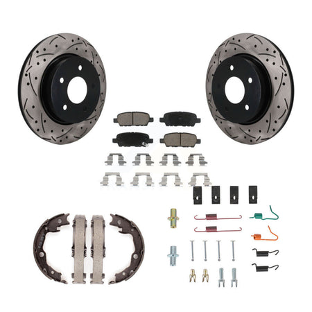 Rear Disc Drilled & Slotted Rotors Ceramic Pads Parking Brake Shoes And Hardware Kit For KDC-101911