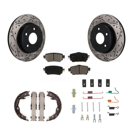 Rear Disc Drilled & Slotted Rotors Ceramic Pads Parking Brake Shoes And Hardware Kit For KDC-101912