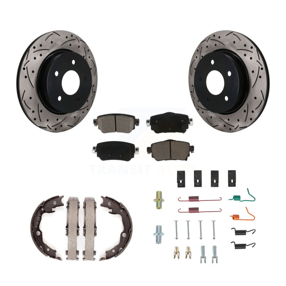Rear Disc Drilled & Slotted Rotors Ceramic Pads Parking Brake Shoes And Hardware Kit For KDC-101912