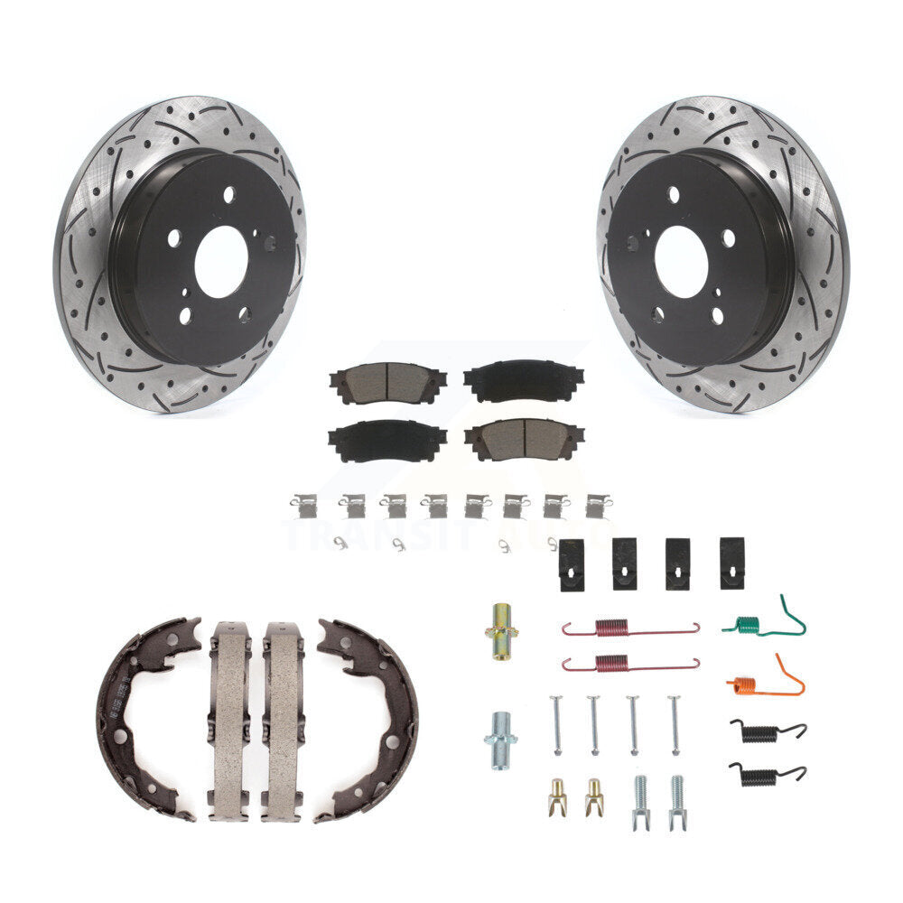 Rear Disc Drilled & Slotted Rotors Ceramic Pads Parking Brake Shoes And Hardware Kit For KDC-101913