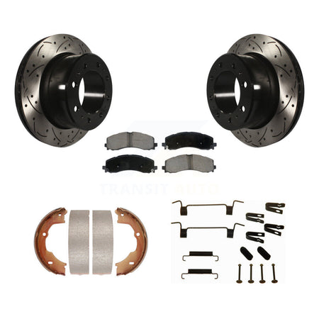 Rear Disc Drilled & Slotted Rotors Ceramic Pads Parking Shoes Hardware Kit For Ram 3500 KDC-101916