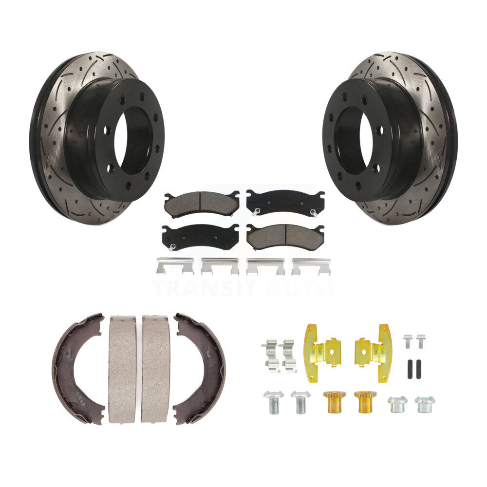 Rear Disc Drilled & Slotted Rotors Ceramic Pads Parking Shoes Hardware Kit For Chevrolet KDC-101917