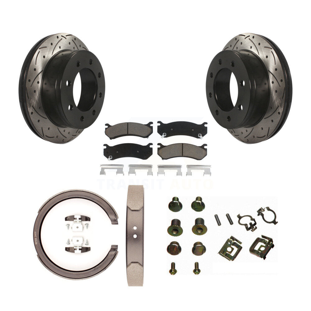 Rear Disc Drilled & Slotted Rotors Ceramic Pads Parking Brake Shoes And Hardware Kit For KDC-101918