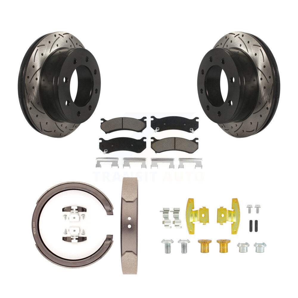Rear Disc Drilled & Slotted Rotors Ceramic Pads Parking Brake Shoes And Hardware Kit For KDC-101919